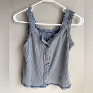 Women’s Blue Sleeveless Tank Shirt Size M Button Ribbed Cropped Lace Cotton Top